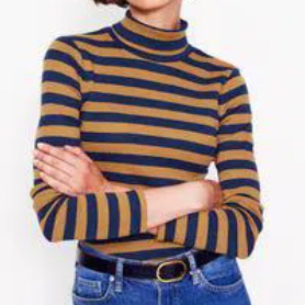 Boden Anna Rib Roll Neck Top, Long Sleeve, Cotton, Navy/Tan - Womens US 8
